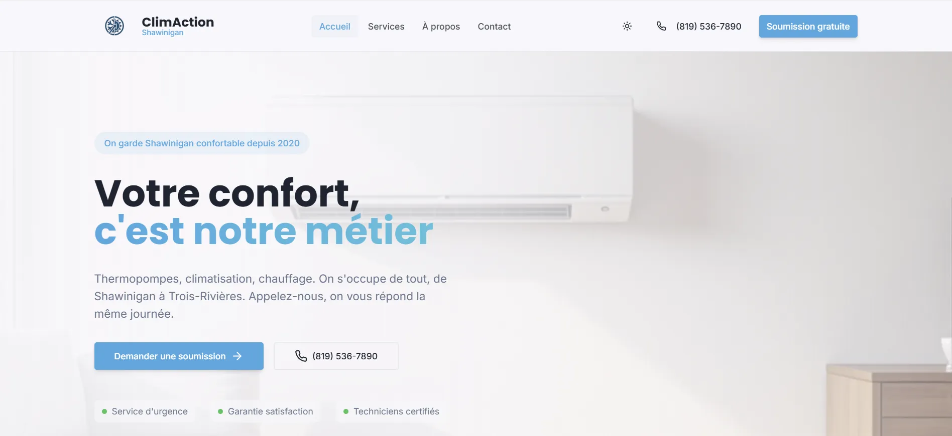 Site web ClimAction — spécialiste CVAC à Shawinigan